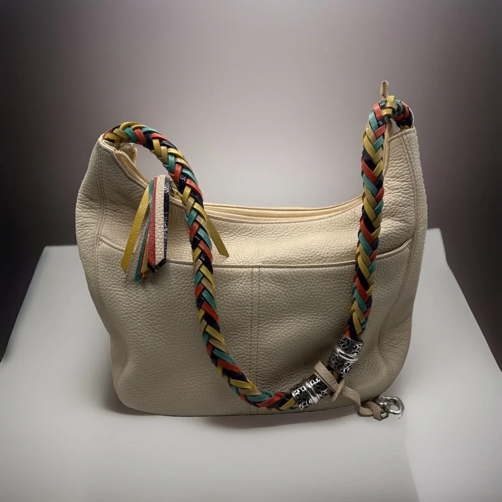 Brighton Ivory Pebbled Leather Hobo Shoulder Bag Multicolor Braided Strap...